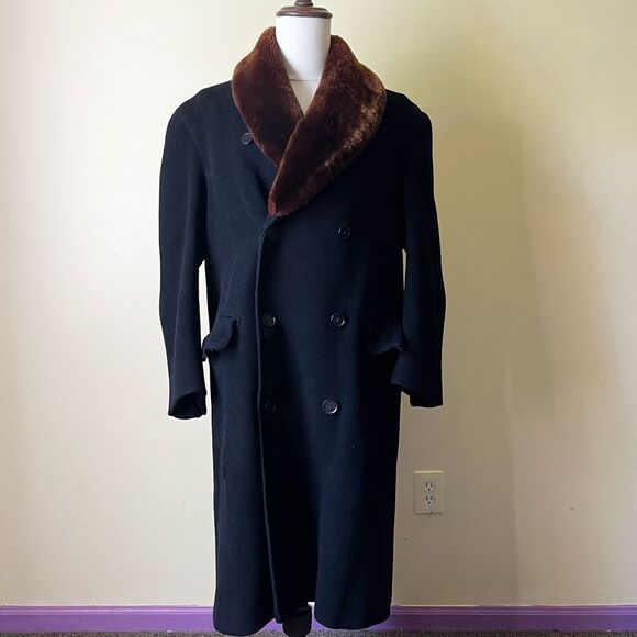 Vintage 1940s Simpson Piccadilly Wool Coat Double Breasted Faux Fur Shawl Collar - Picture 14 of 14